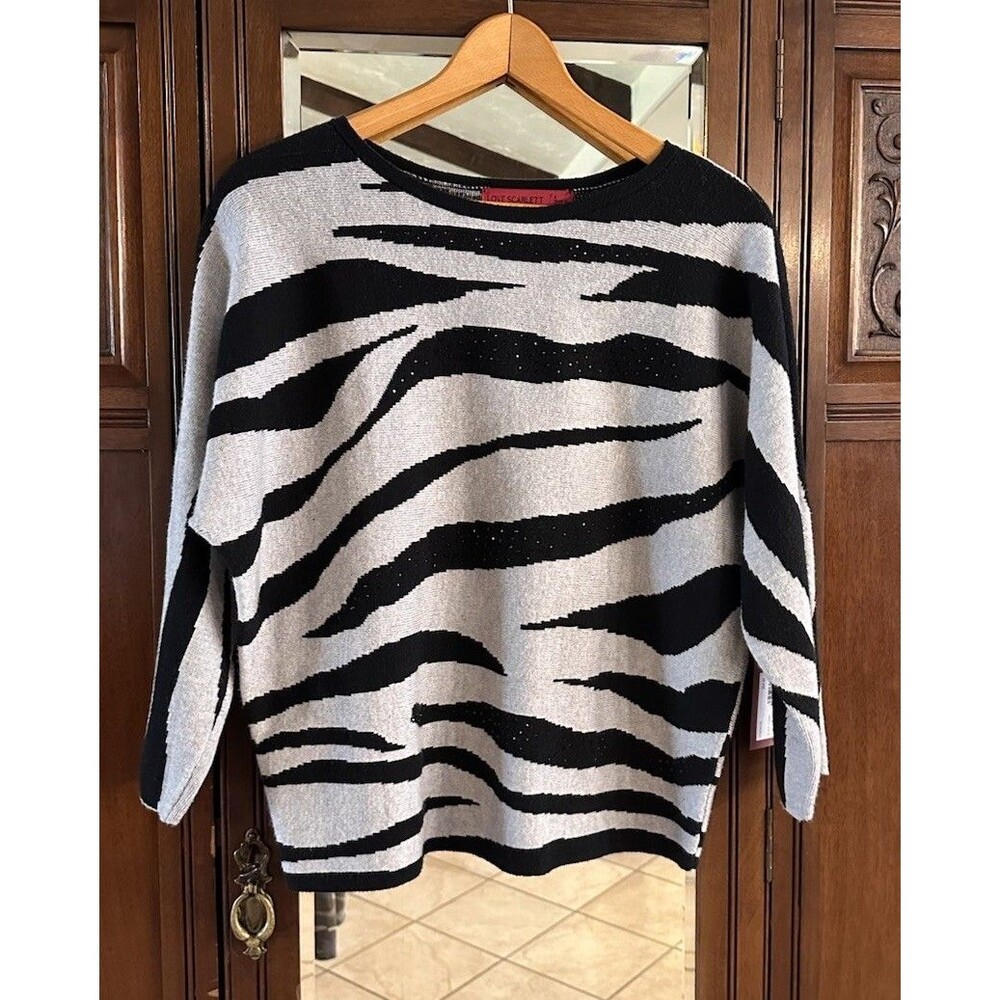 Love Scarlett Zebra Print Knit Embellished Sweater Size S Grey Black Beaded